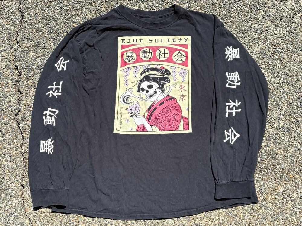 Thrashed Riot Society XL Graphic T Shirt Tokyo Geisha Skull Japanese Streetwear